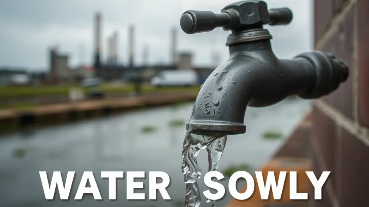 Imaxe dunha billa de auga nun contexto industrial, simbolizando a disputa polo subministro.