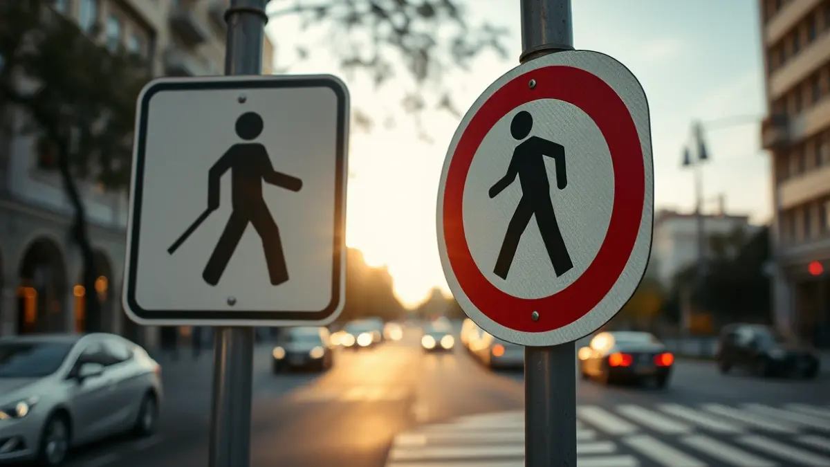 Sinal de paso de peóns nunha rúa urbana, simbolizando a mobilidade sostible.