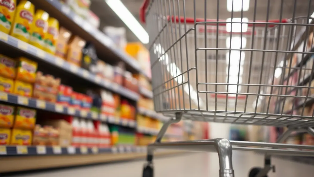 Imaxe xenérica dunha roda de carro de supermercado nun corredor.