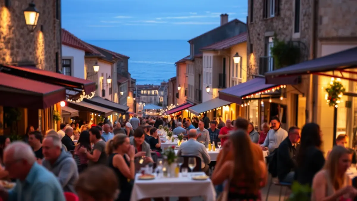 Imagen de una calle animada en un pueblo costero gallego durante un evento gastronómico.