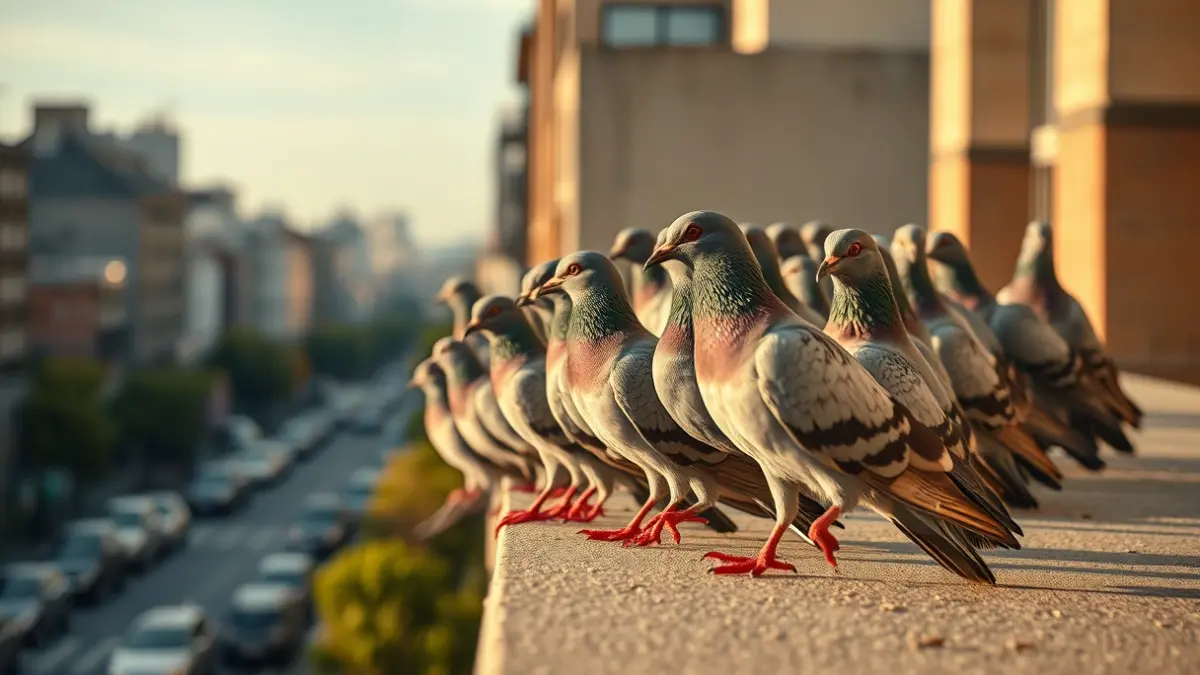 Imaxe xenérica de pombas nunha cornixa urbana.