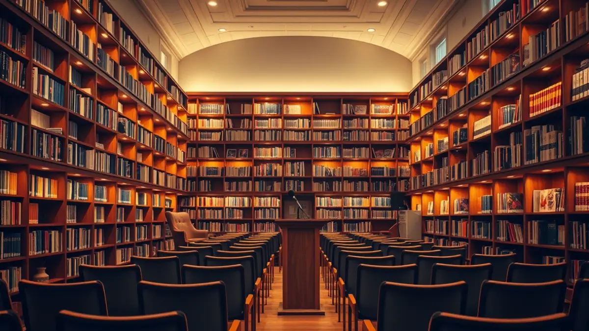 Imagen genérica de una biblioteca acogedora con estantes de madera y un micrófono en un podio, preparada para una presentación de libro.
