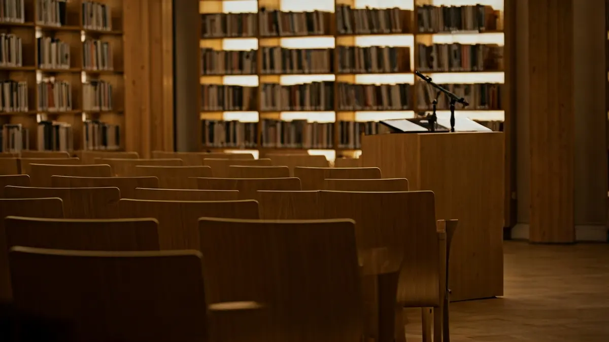Imagen genérica de una sala de presentaciones de libros en una biblioteca.