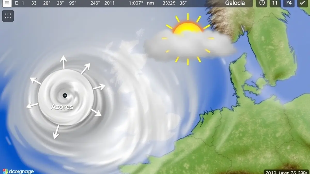 Imaxe xenérica dun mapa meteorolóxico con sistemas de presión e iconas de tempo.
