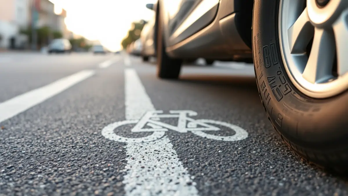 Imagen de un carril bici con marcas blancas y un símbolo de bicicleta en el asfalto, con neumáticos de coche ligeramente invadiendo el espacio.