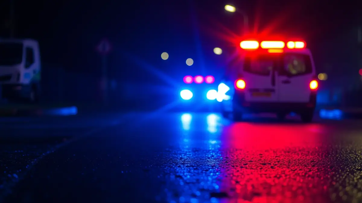 Imagen genérica de luces de emergencia reflejándose sobre asfalto mojado.