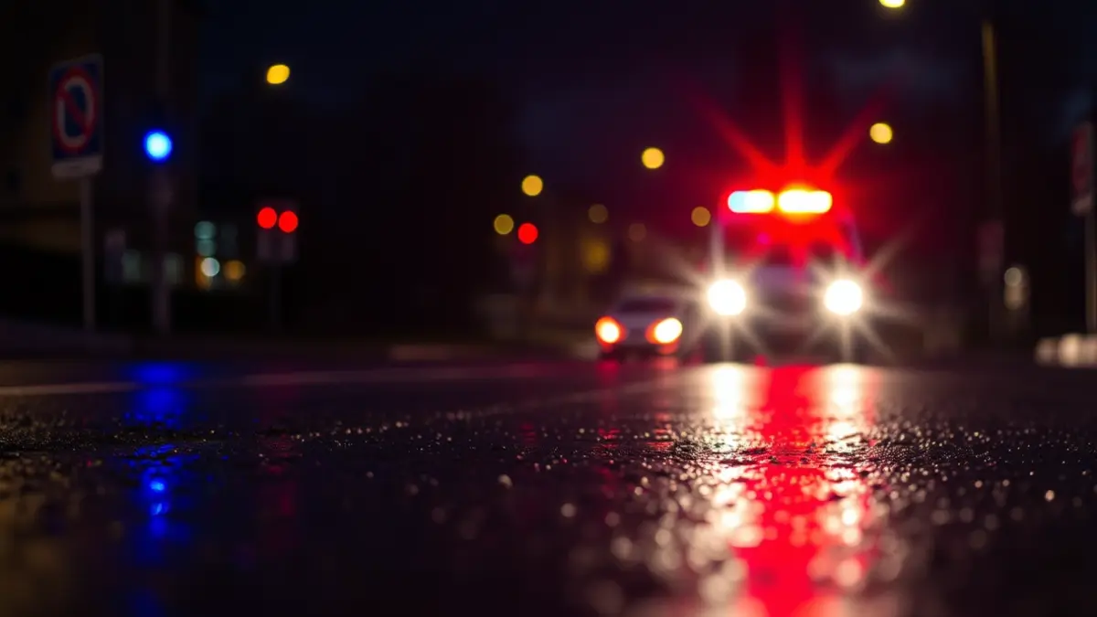 Imaxe xenérica de luces de emerxencia reflectíndose sobre asfalto mollado pola noite.