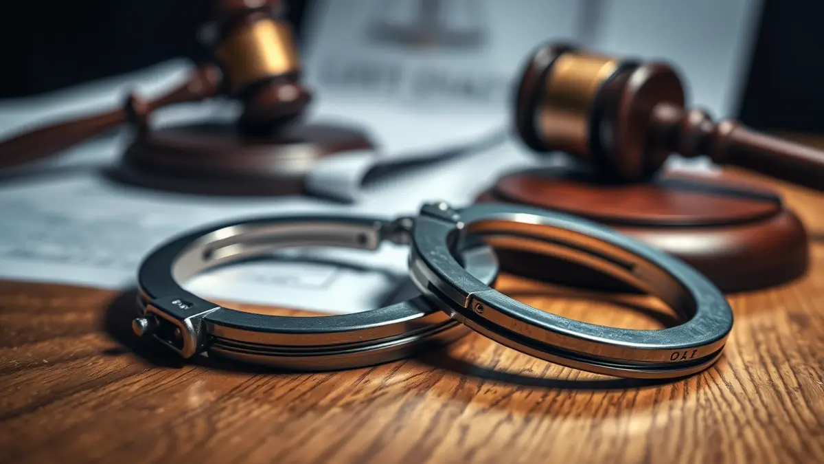 Imagen genérica de unas esposas sobre una mesa de madera, con documentos legales y un mazo de juez al fondo.