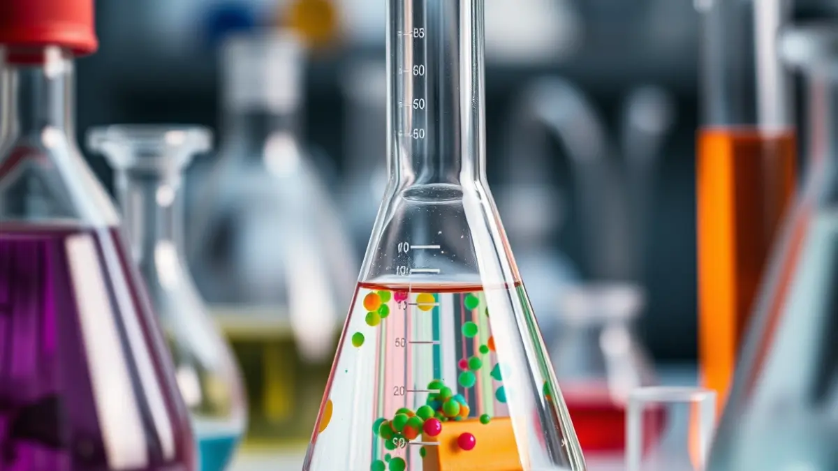 Imagen genérica de un laboratorio de química con material de vidrio y soluciones.