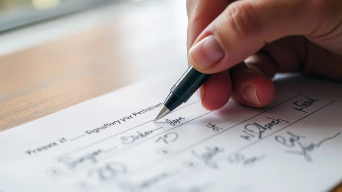 Imaxe xenérica dunha man asinando un formulario de recollida de sinaturas.
