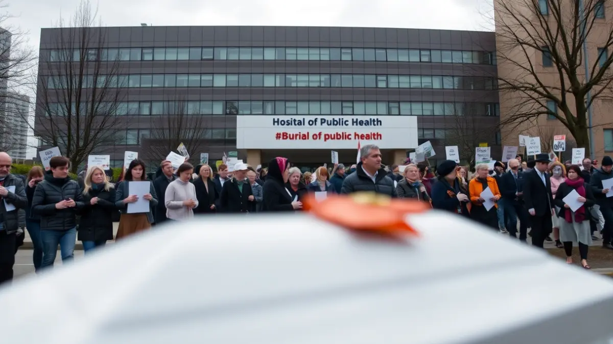 Imagen de una protesta simbólica con la representación de un entierro frente a un hospital.