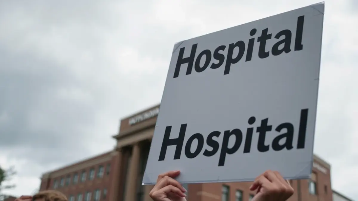 Imaxe dunha pancarta de protesta co hospital de fondo.