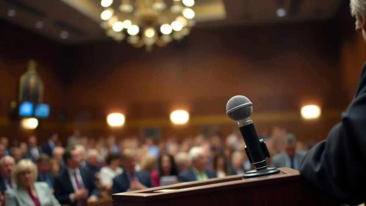 Imagen genérica de un micrófono en un podio, representando un debate político.