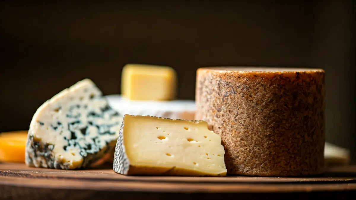 Imaxe xenérica de varios queixos artesanais sobre unha táboa de madeira.