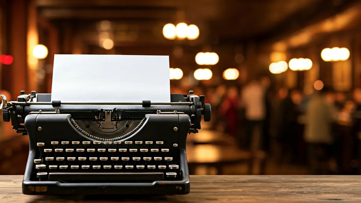 Imagen de una máquina de escribir antigua en un ambiente de bar.