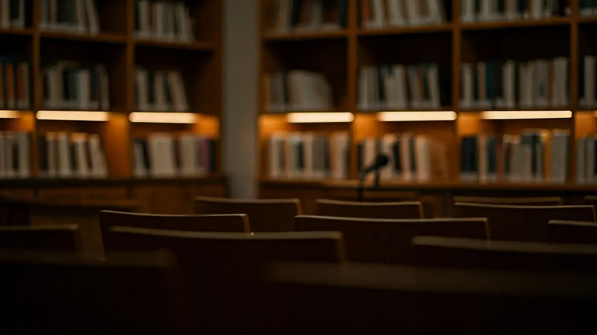 Imaxe xenérica dunha presentación de libro nunha biblioteca.