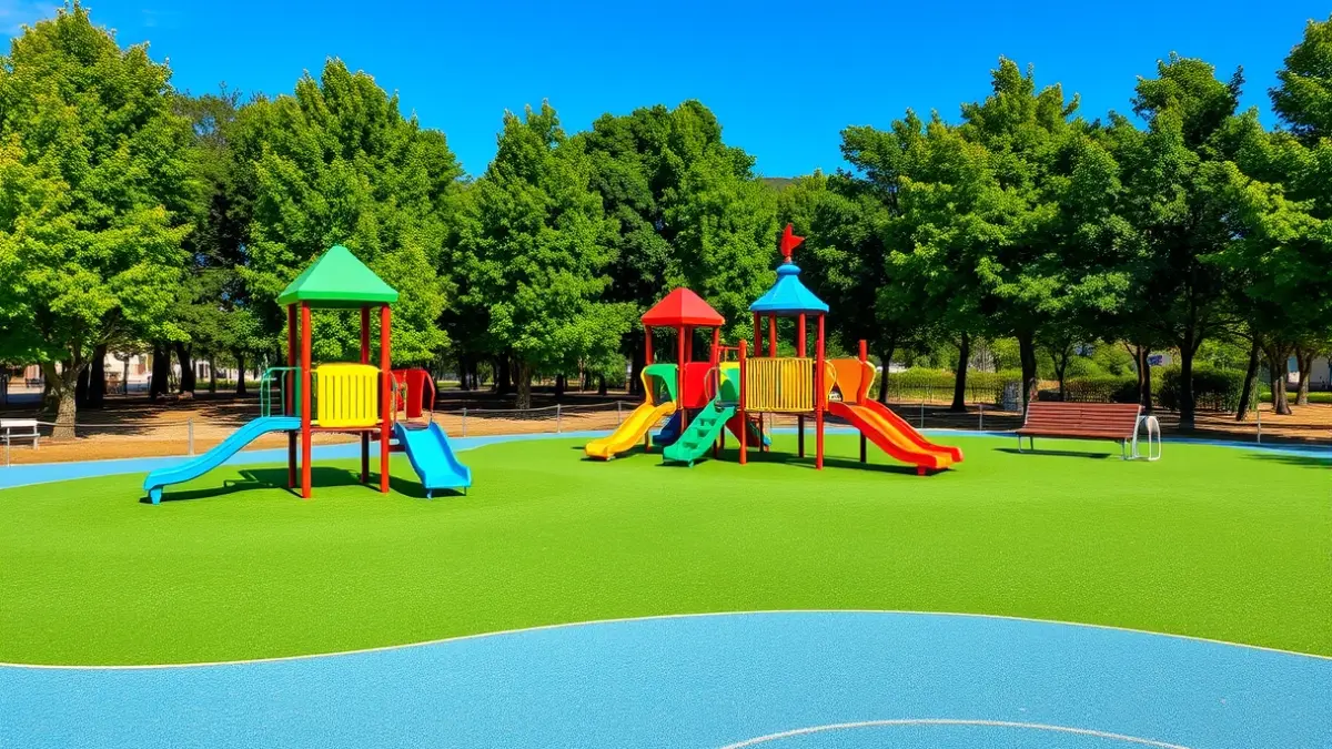 Imaxe xenérica dun parque infantil renovado con elementos de xogo coloridos e chan de seguridade.