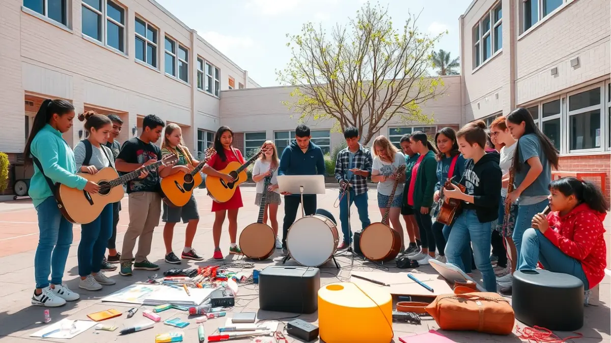 Imaxe dun grupo de estudantes colaborando nun proxecto musical nun patio escolar.