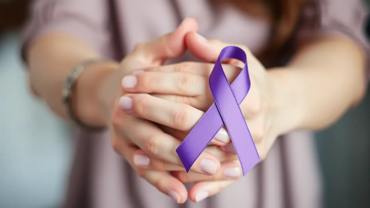 Imaxe xenérica dun lazo morado, símbolo da loita contra o cancro, sobre un fondo de mans entrelazadas.