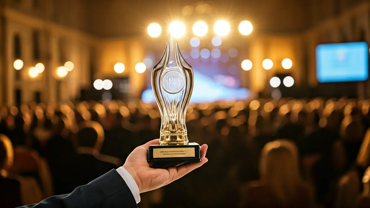 Imaxe xenérica dunha man sostendo un trofeo nun evento de premios.