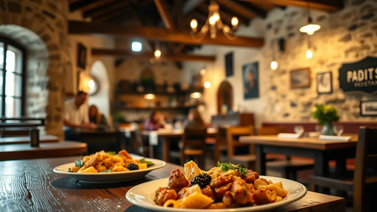 Interior acogedor de un restaurante tradicional gallego con paredes de piedra y vigas de madera.