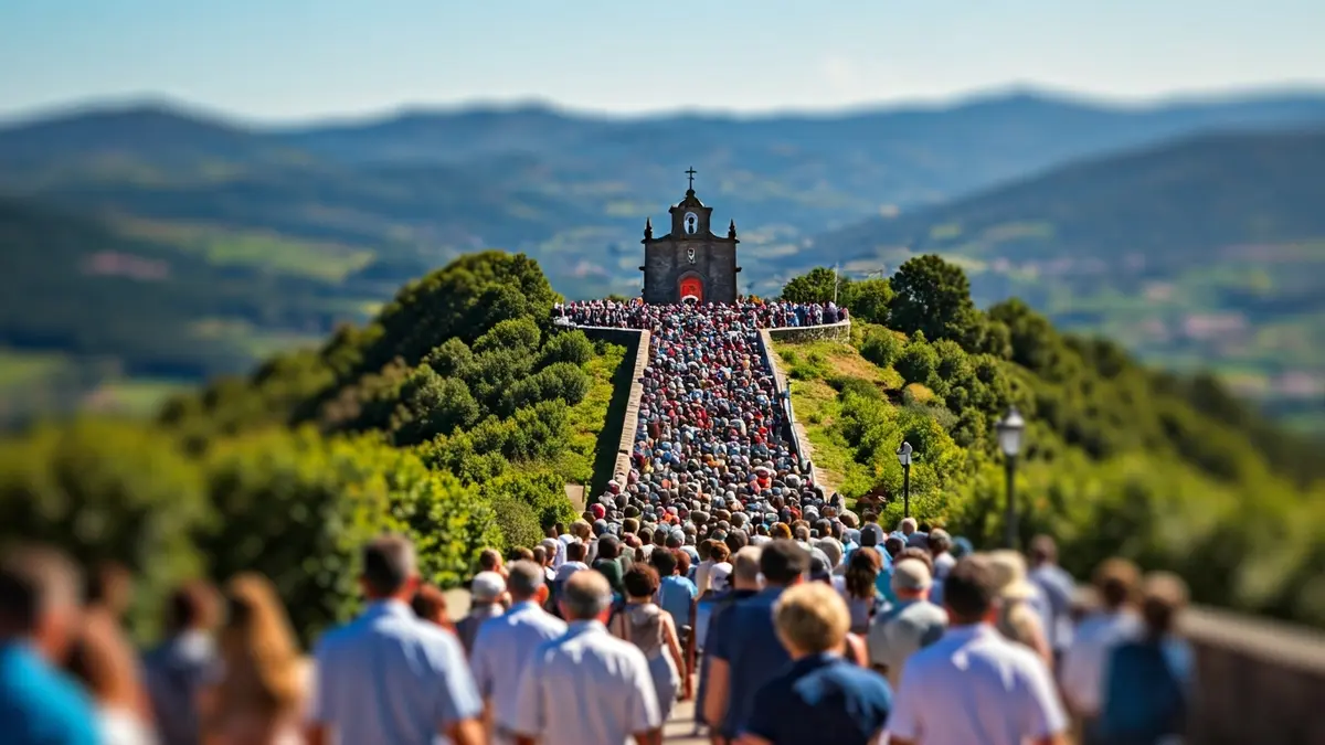 Imagen de una multitud de romeros subiendo hacia la ermita de Chamorro en un día caluroso.