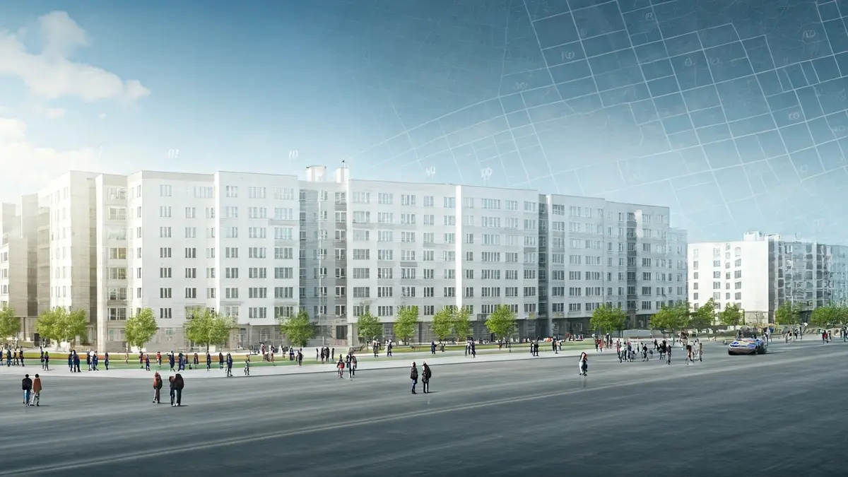 Imaxe dun plano arquitectónico ou proxecto urbanístico con anotacións numéricas e liñas, vista aérea, estilo moderno e limpo, con superposición sutil dun mapa da cidade ao fondo.