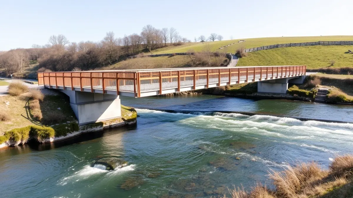 Imagen de una pasarela peatonal sobre un río, integrada en el paisaje.