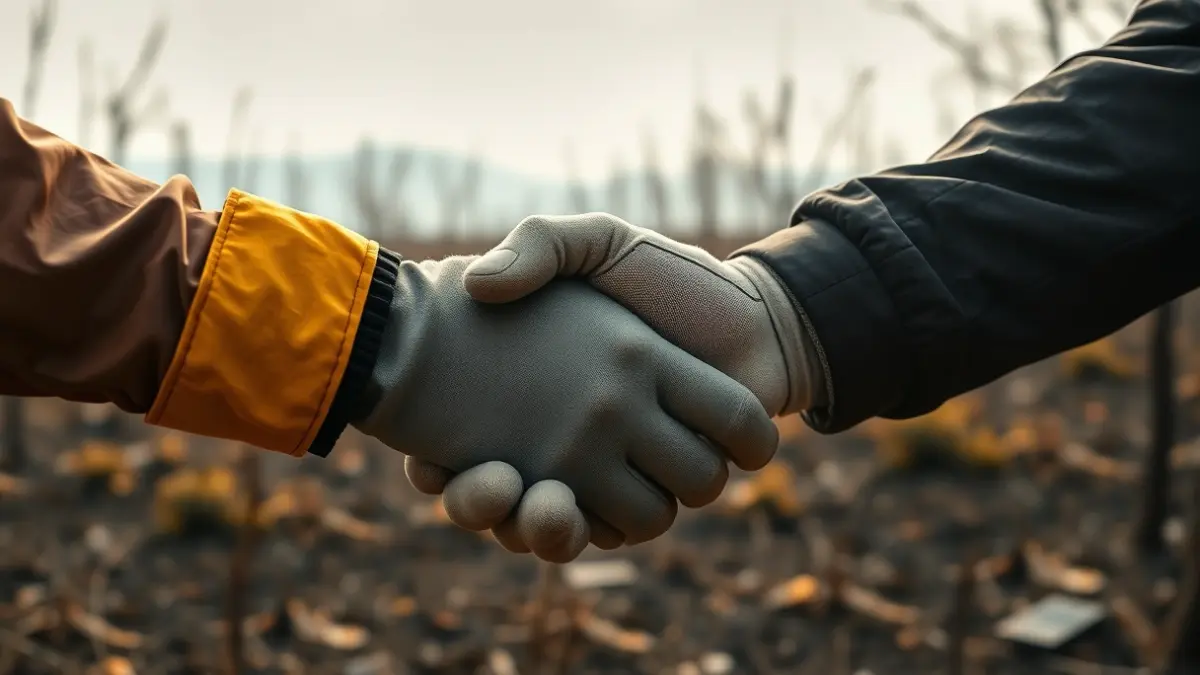 Imaxe dun reencontro entre dous brigadistas tras un incendio forestal.