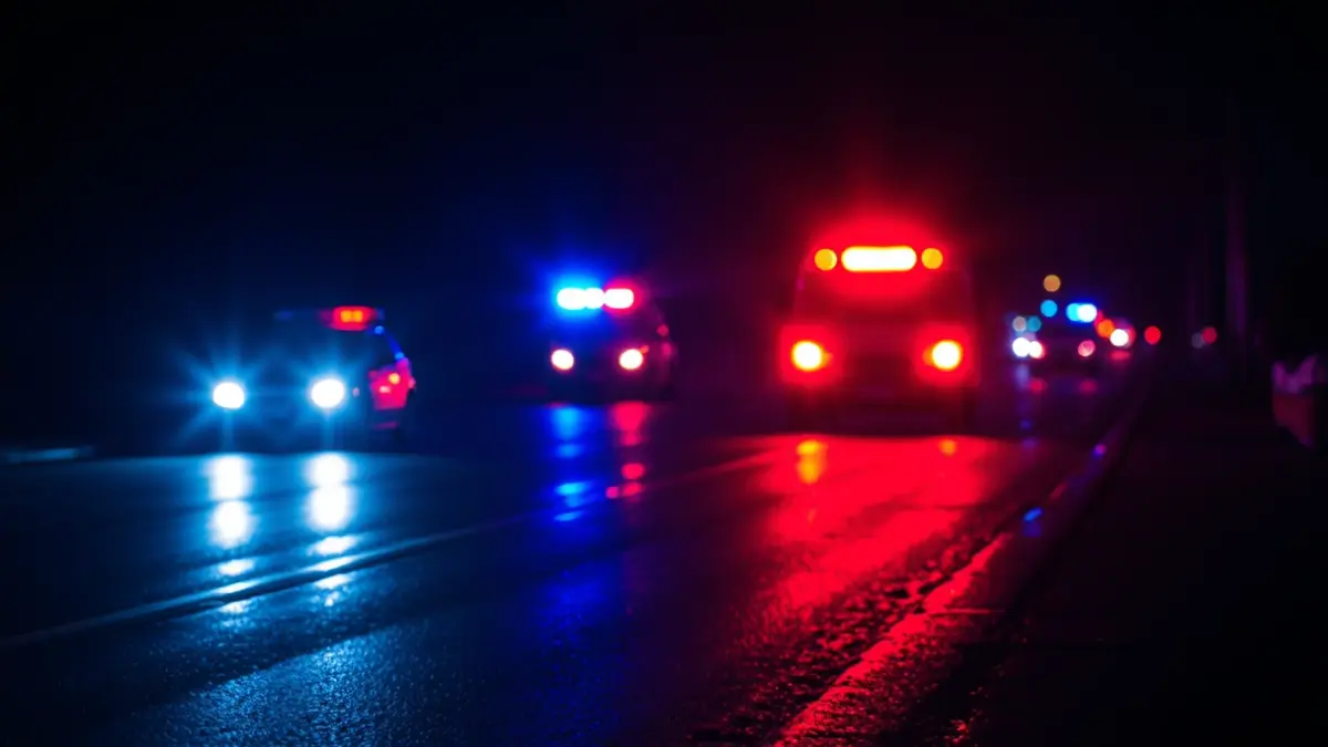 Imagen genérica de luces de emergencia reflejándose sobre asfalto mojado.