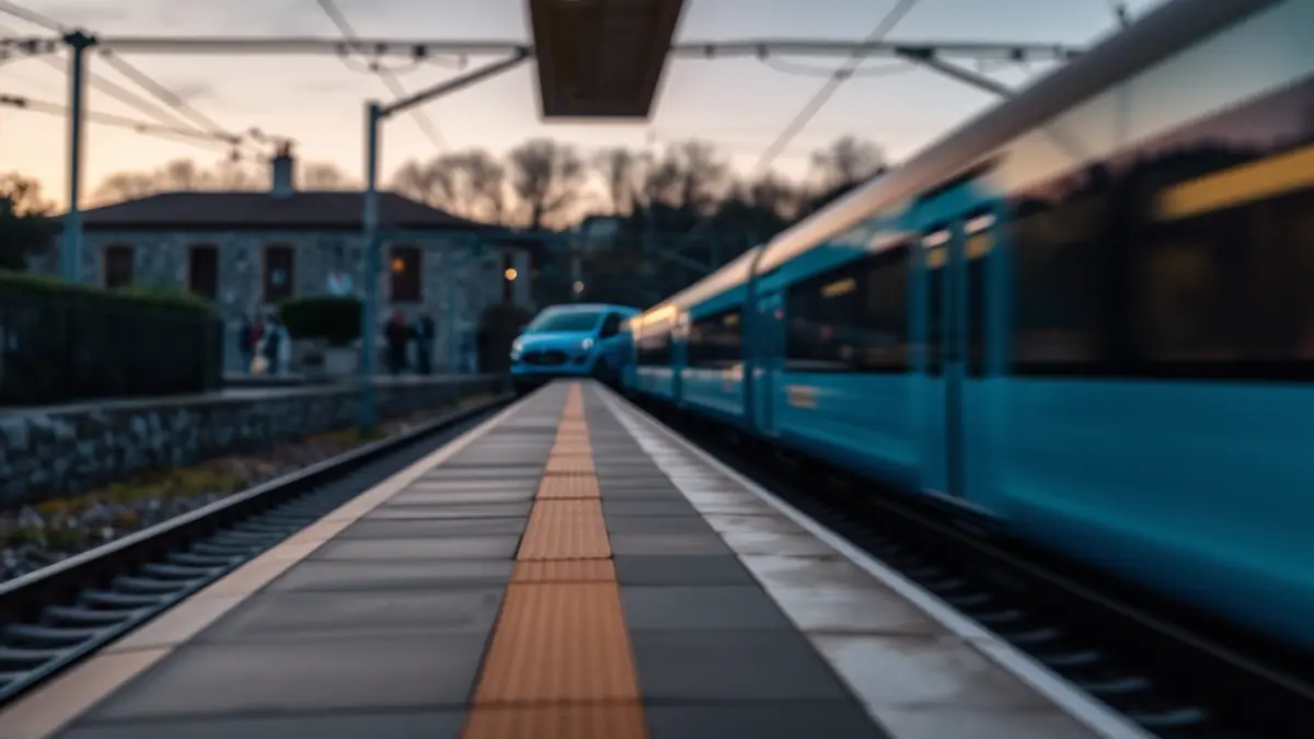 Imaxe xenérica dunha estación de tren ao anoitecer, con arquitectura tradicional galega.