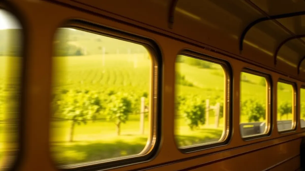 Imaxe dun tren turístico percorrendo unha paisaxe vitivinícola en Galicia.