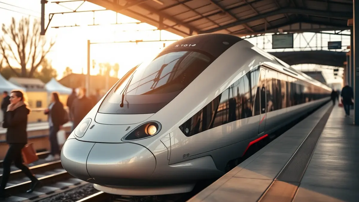 Imaxe dun tren moderno na estación, representando as melloras no servizo ferroviario.