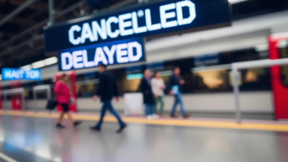 Imaxe xenérica dunha plataforma de estación de tren cun panel dixital que indica cancelacións.