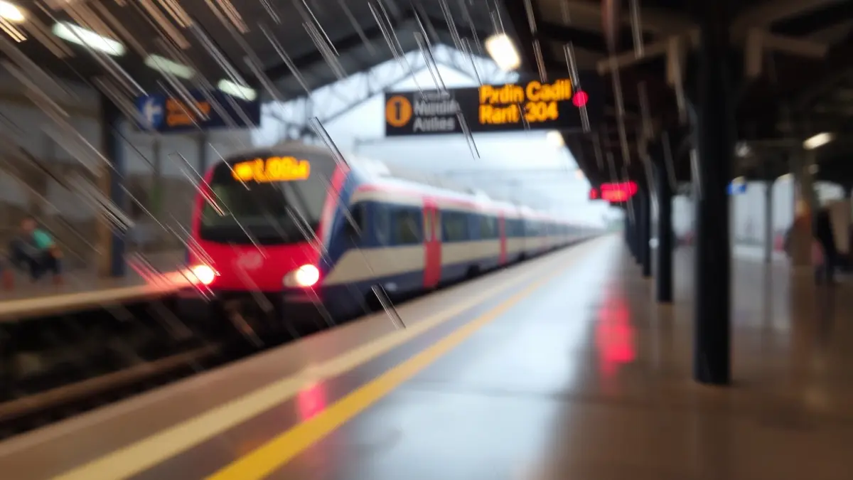Imaxe dunha estación de tren con choiva, suxerindo atrasos.