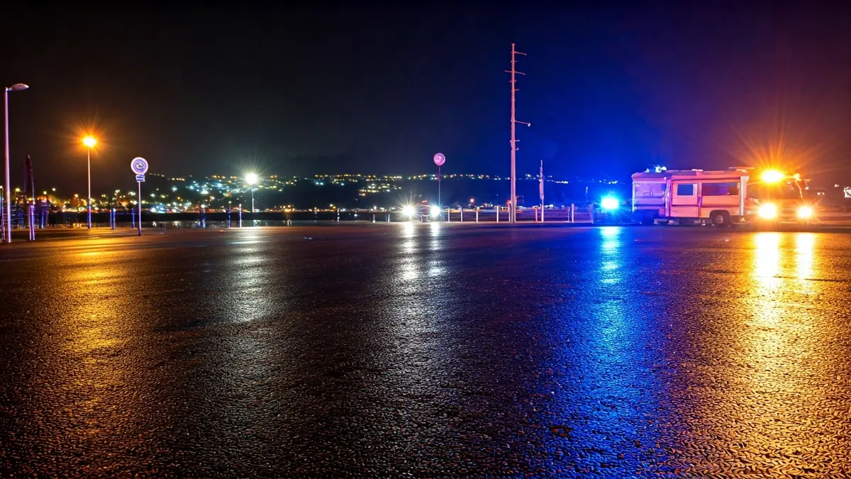 Imaxe xenérica de luces de emerxencia reflectíndose sobre asfalto mollado.