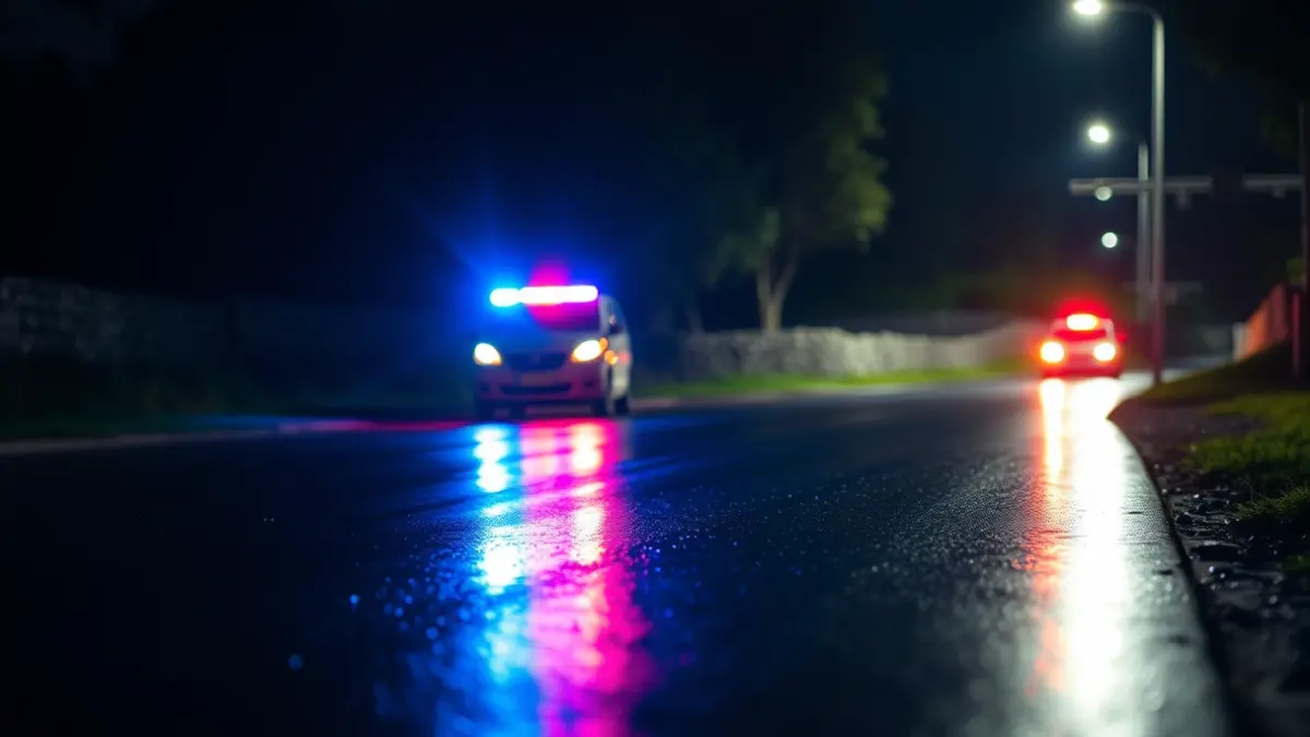 Imaxe xenérica de luces de emerxencia reflectíndose sobre asfalto mollado pola noite.