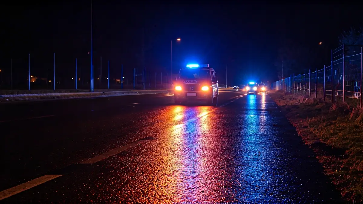 Imaxe xenérica de luces de emerxencia reflectíndose sobre asfalto mollado pola noite.