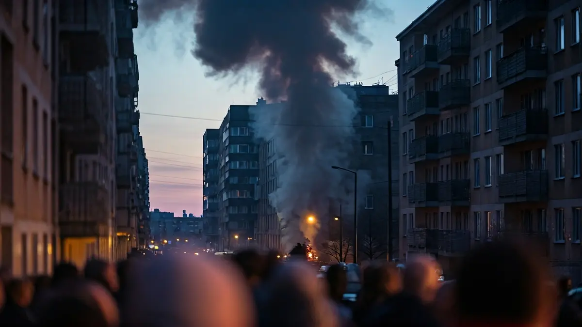 Imaxe dun edificio de vivendas co fume saíndo dunha fiestra, con luces de emerxencia borrosas.