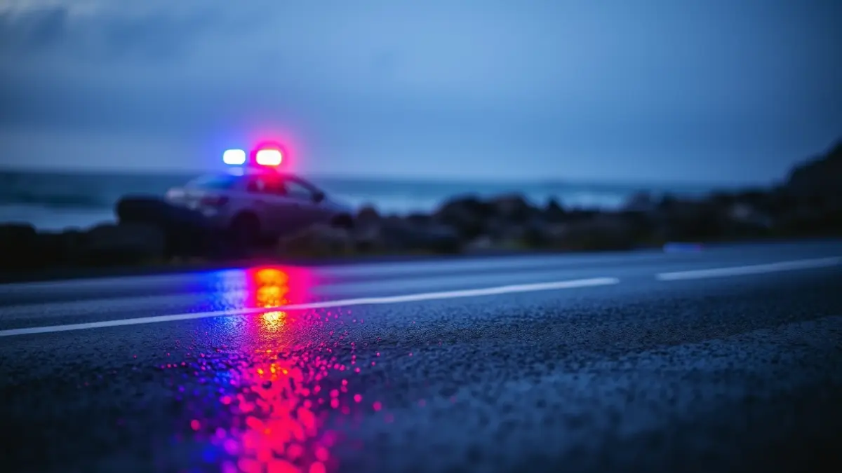 Imagen genérica de luces de emergencia reflejándose sobre asfalto mojado en un entorno costero.