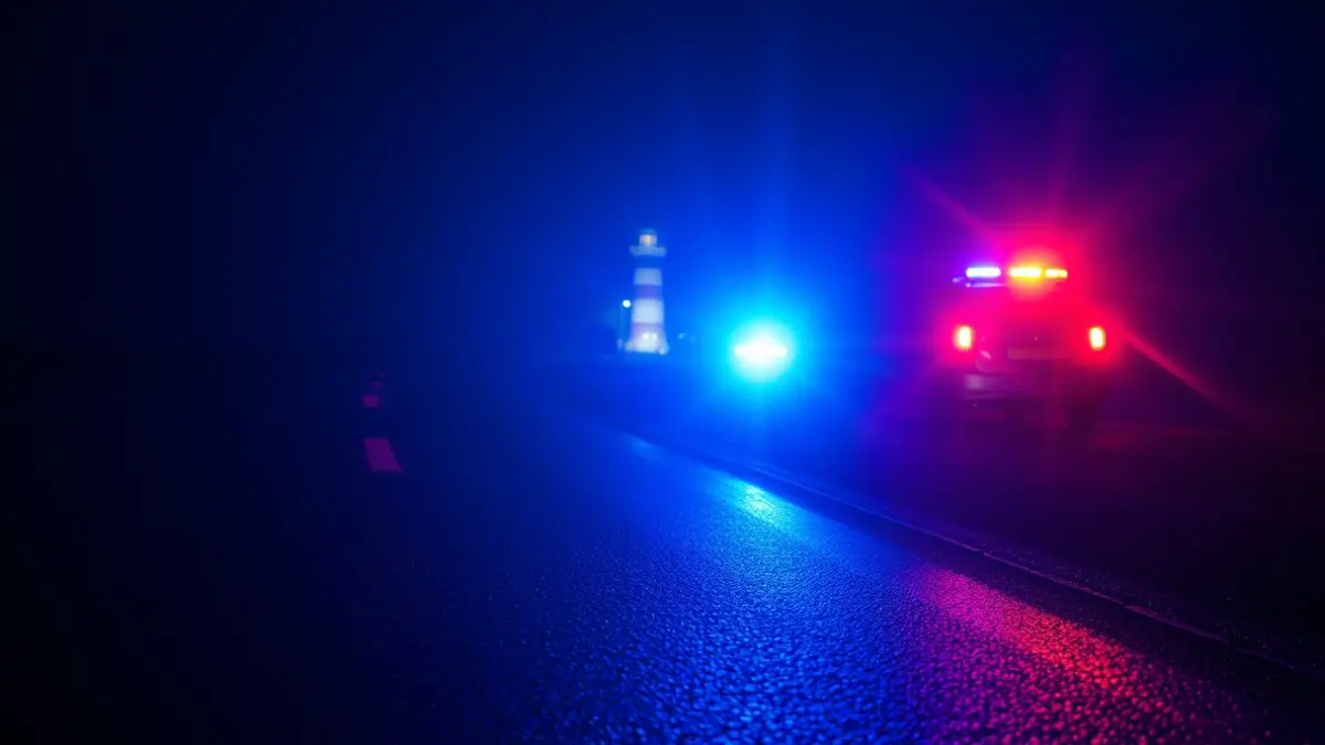 Imaxe xenérica de luces de emerxencia reflectíndose sobre asfalto mollado preto dun faro.