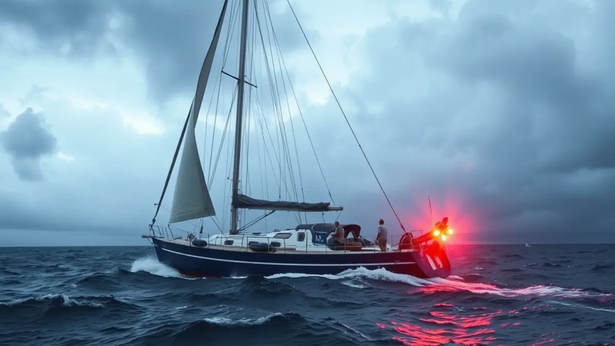 Imaxe dun veleiro en apuros no Atlántico, con luces de emerxencia, baixo un ceo anubrado.