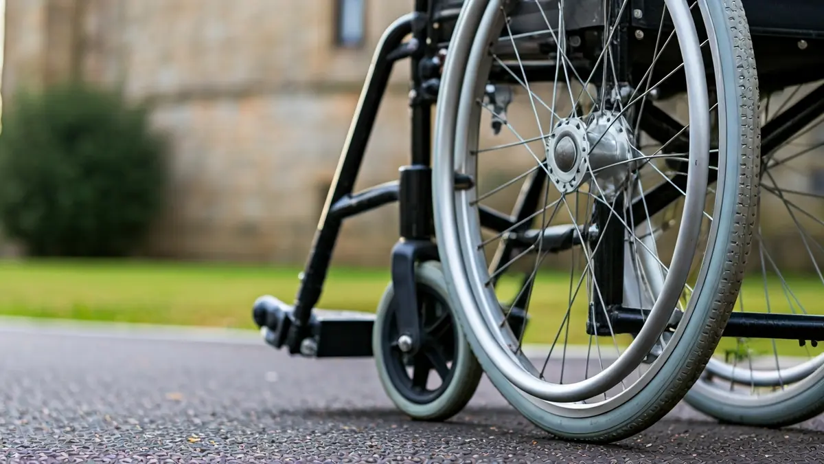 Imaxe dunha roda de cadeira de rodas nun camiño pavimentado, con vexetación e un edificio de pedra ao fondo.