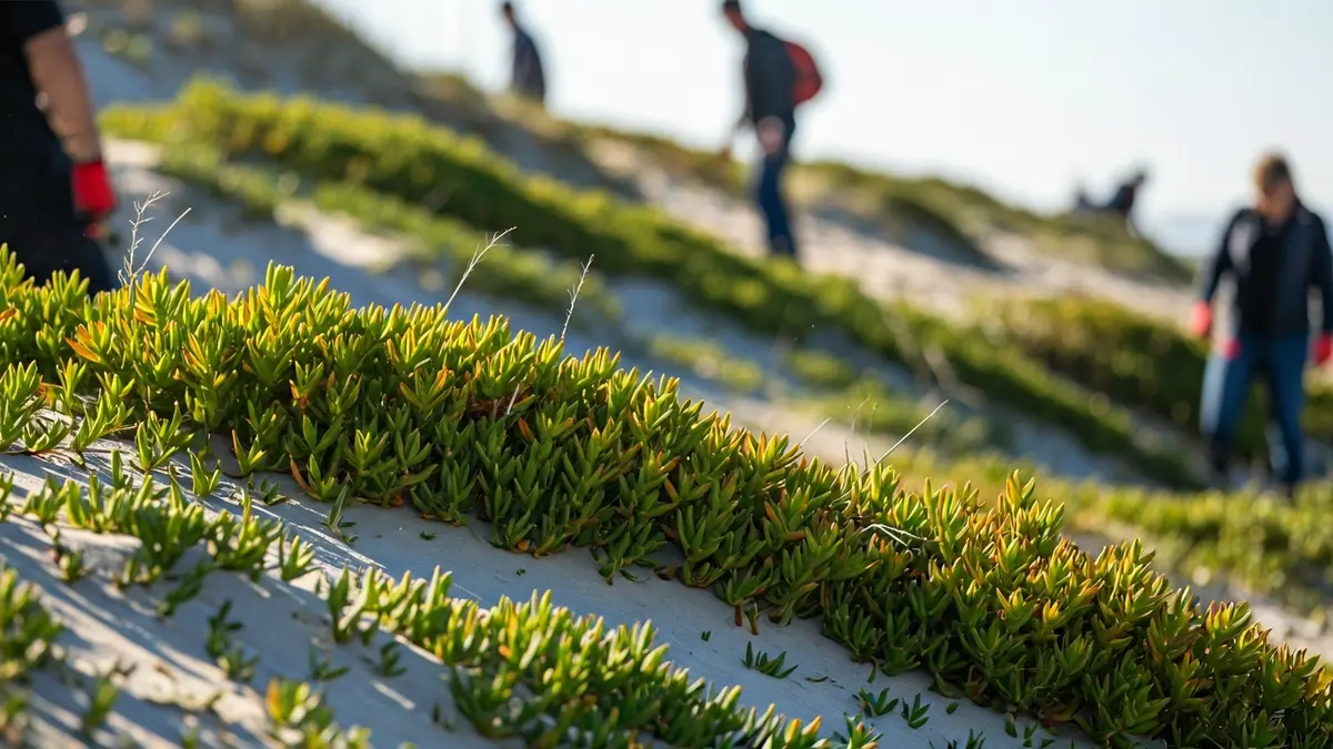 Voluntarios retirando especies invasoras na duna de Corrubedo.