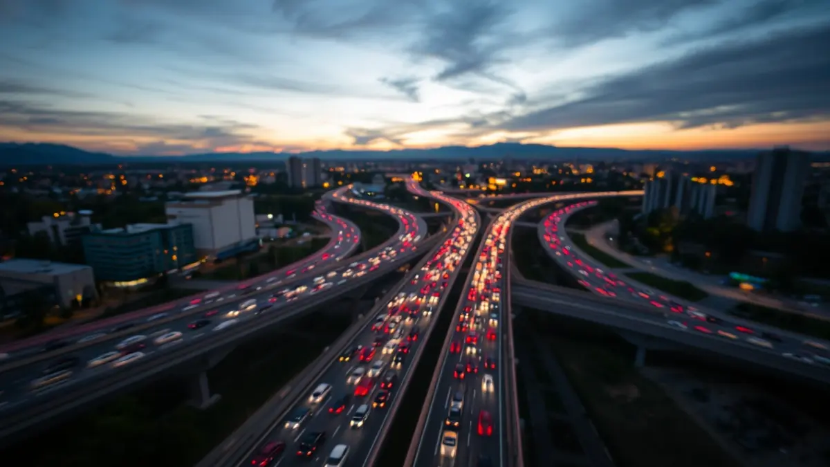 Imaxe xenérica dunha autoestrada urbana con tráfico intenso ao anoitecer.