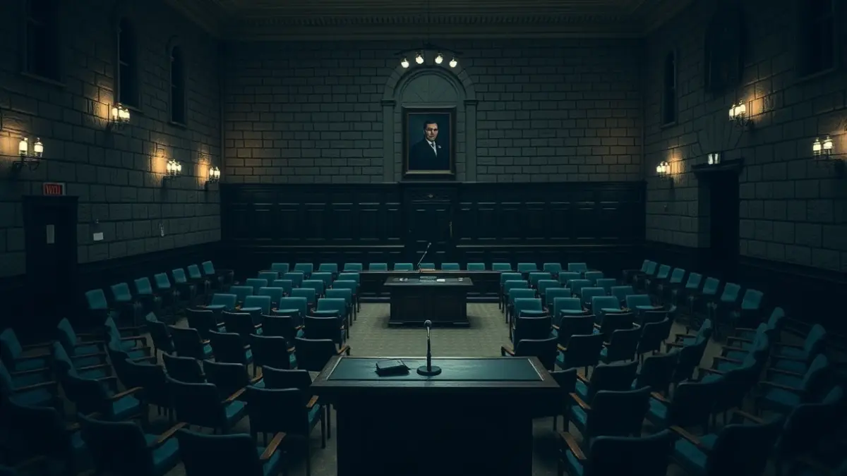 Imagen de un salón de plenos municipal vacío, sugiriendo una reunión secreta.