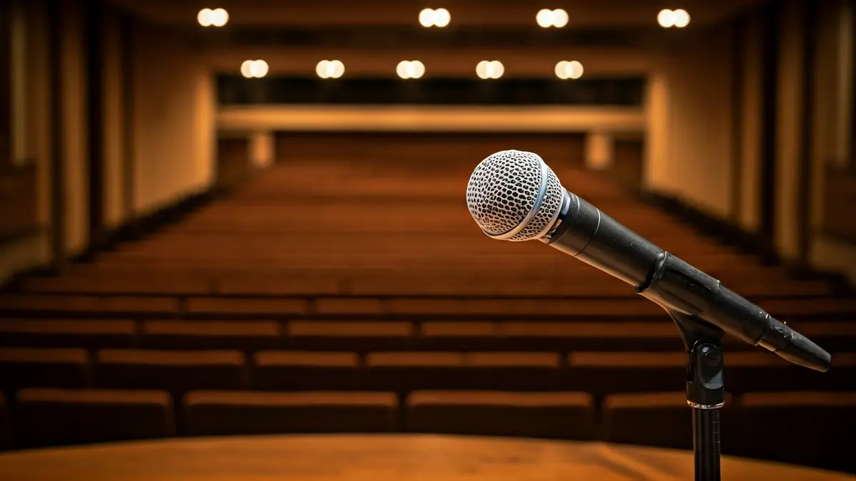 Imaxe xenérica dun micrófono nun atril nun auditorio baleiro.