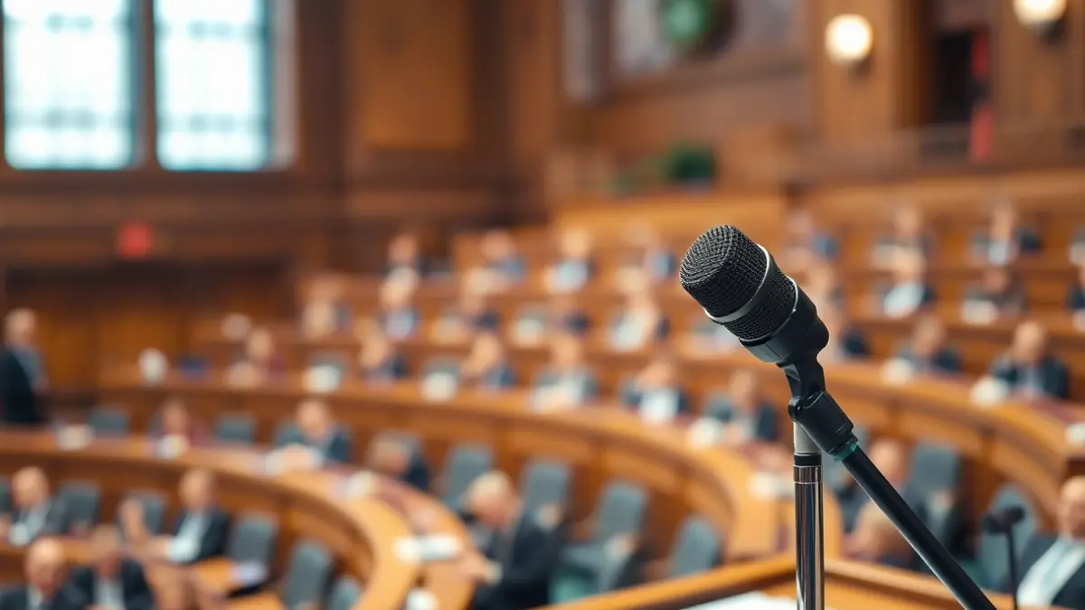 Imagen genérica de un micrófono en un podio en una cámara parlamentaria, representando un debate político.
