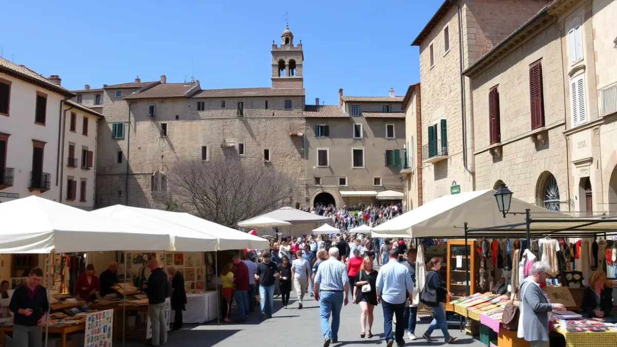 Imaxe dunha feira de artesanía nunha praza histórica de Galicia.