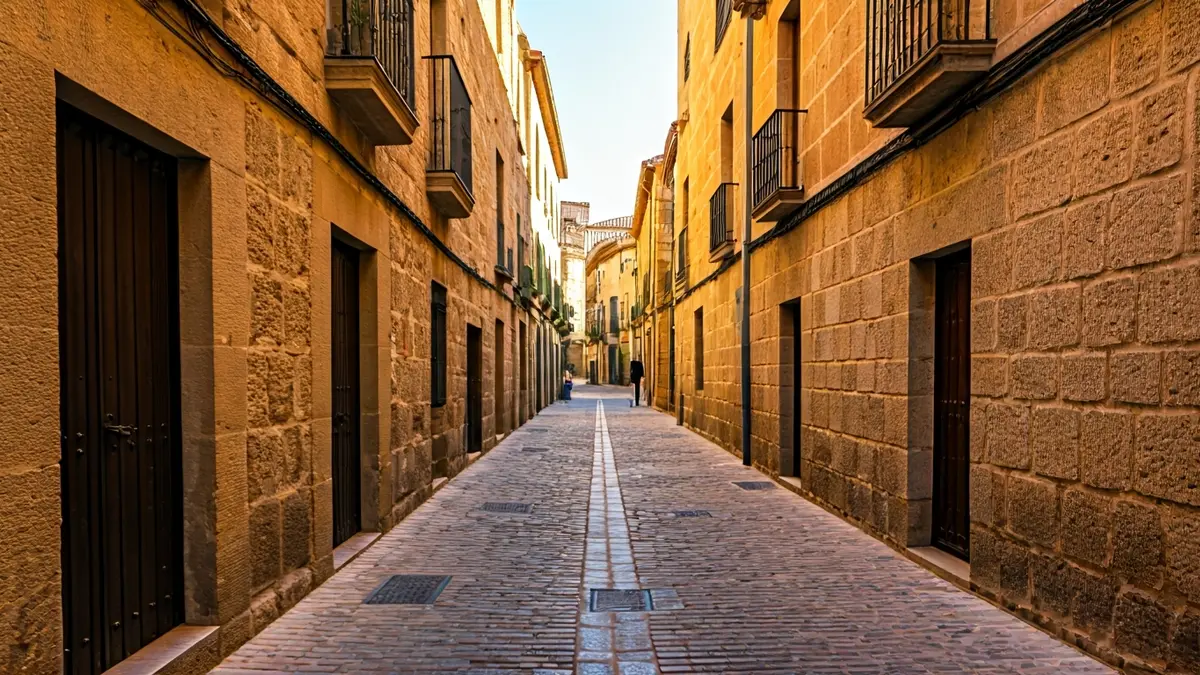 Rúa histórica da xudaría de Segovia, con edificios de pedra e rúas estreitas.
